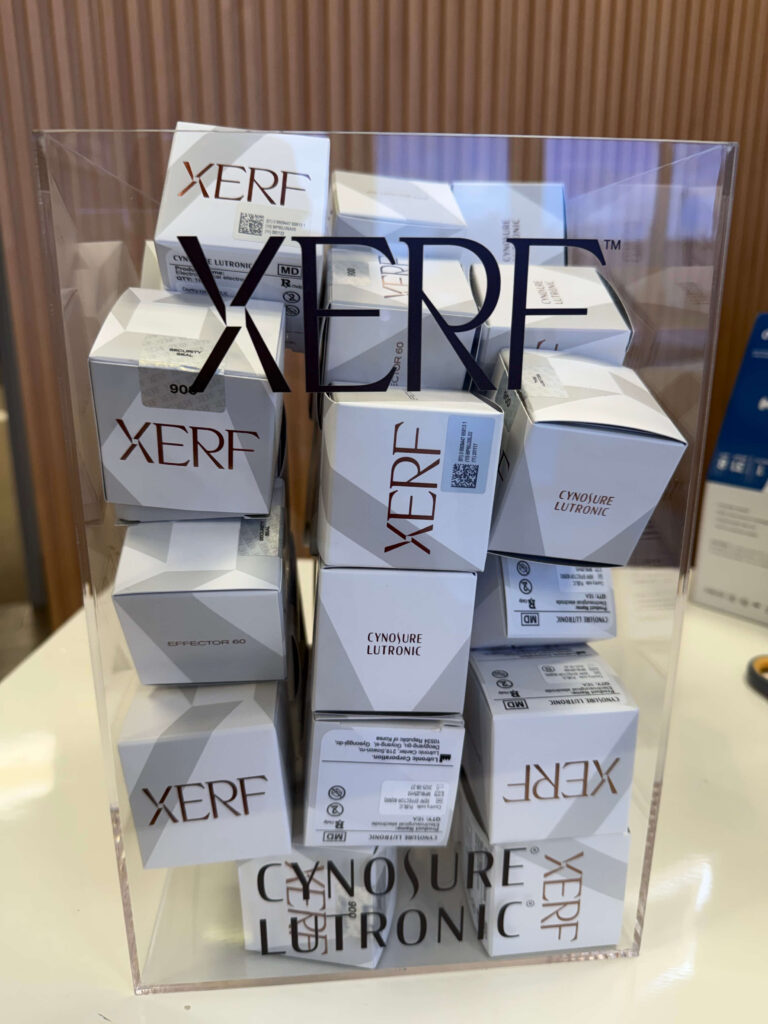 Collection of used XERF treatment tips — a full container of XERF tips representing the hundreds of skin tightening treatments performed at our Hudson Oaks and Granbury, TX med spa, a testament to the popularity and proven results of XERF therapy